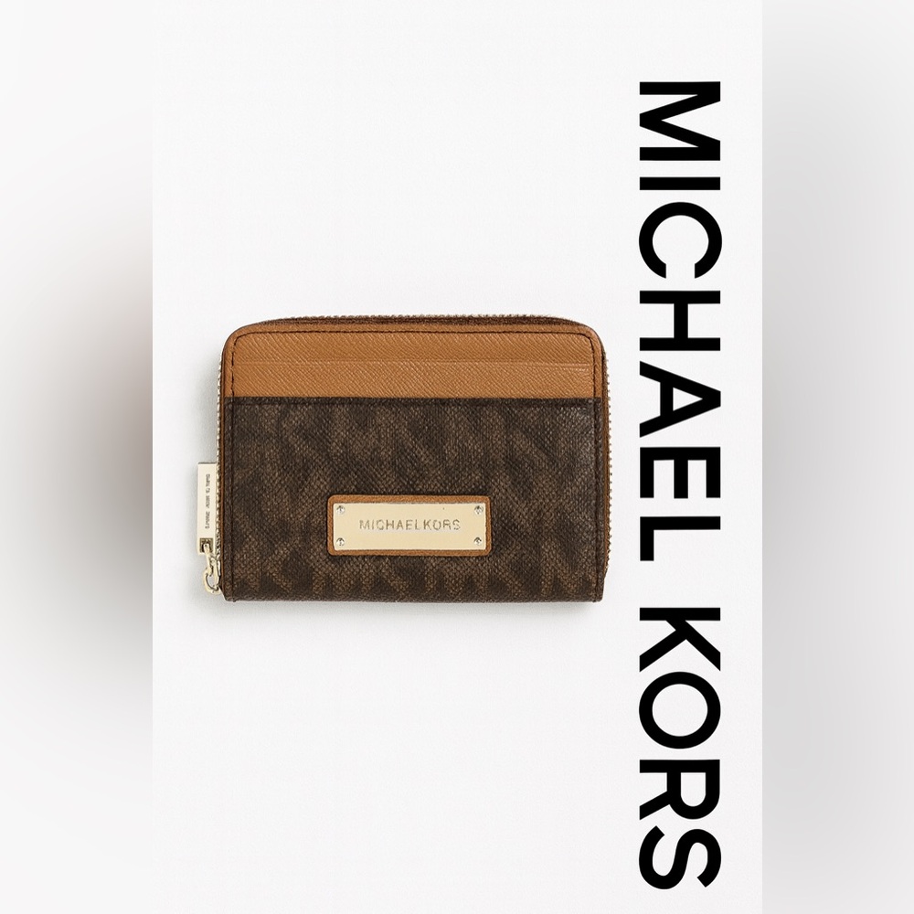Michael Kors Brown & Tan Compact Zip Wallet – Monogram Canvas